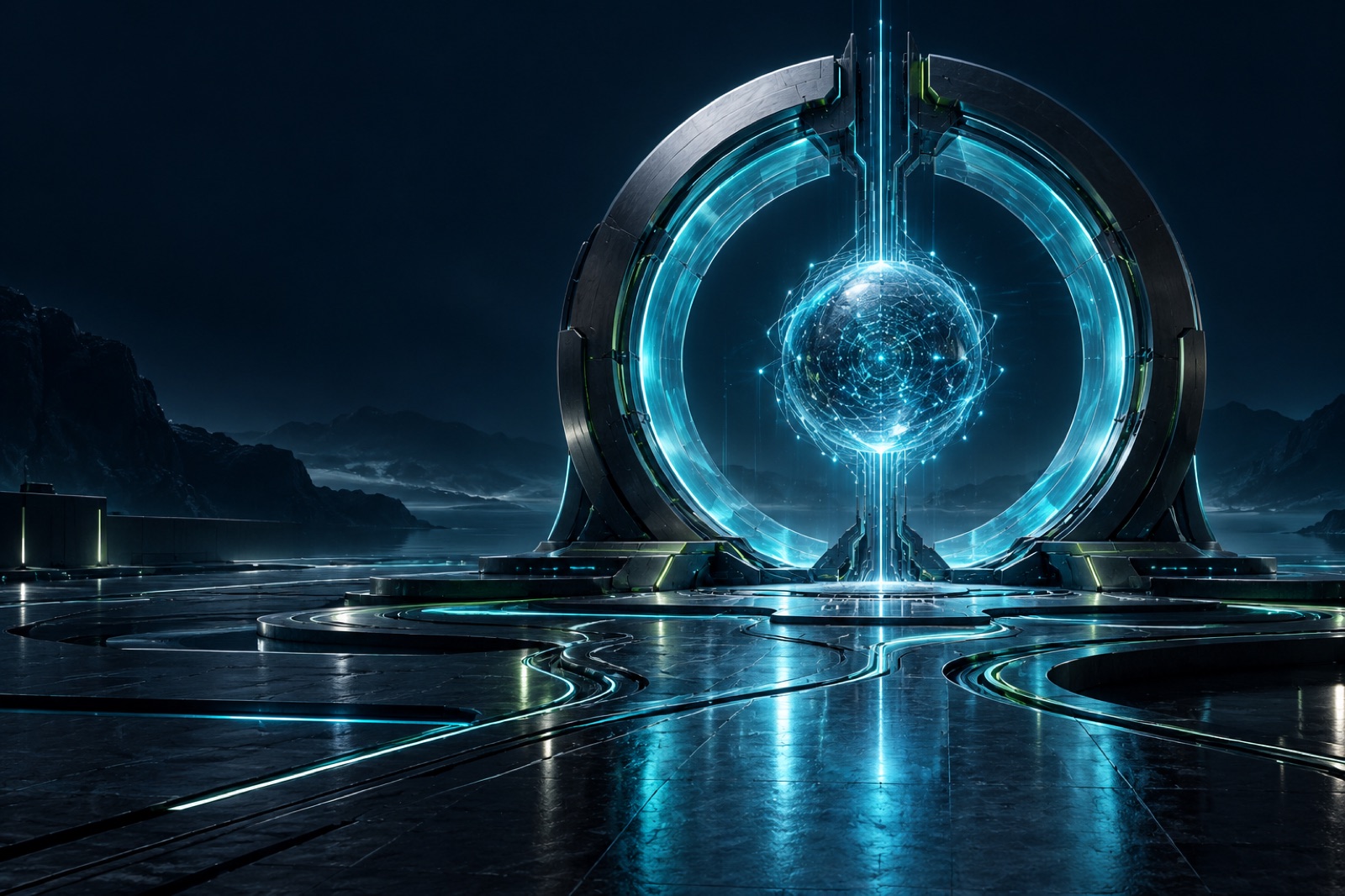 Portal tecnológico de cristal y metal conectado a un núcleo digital